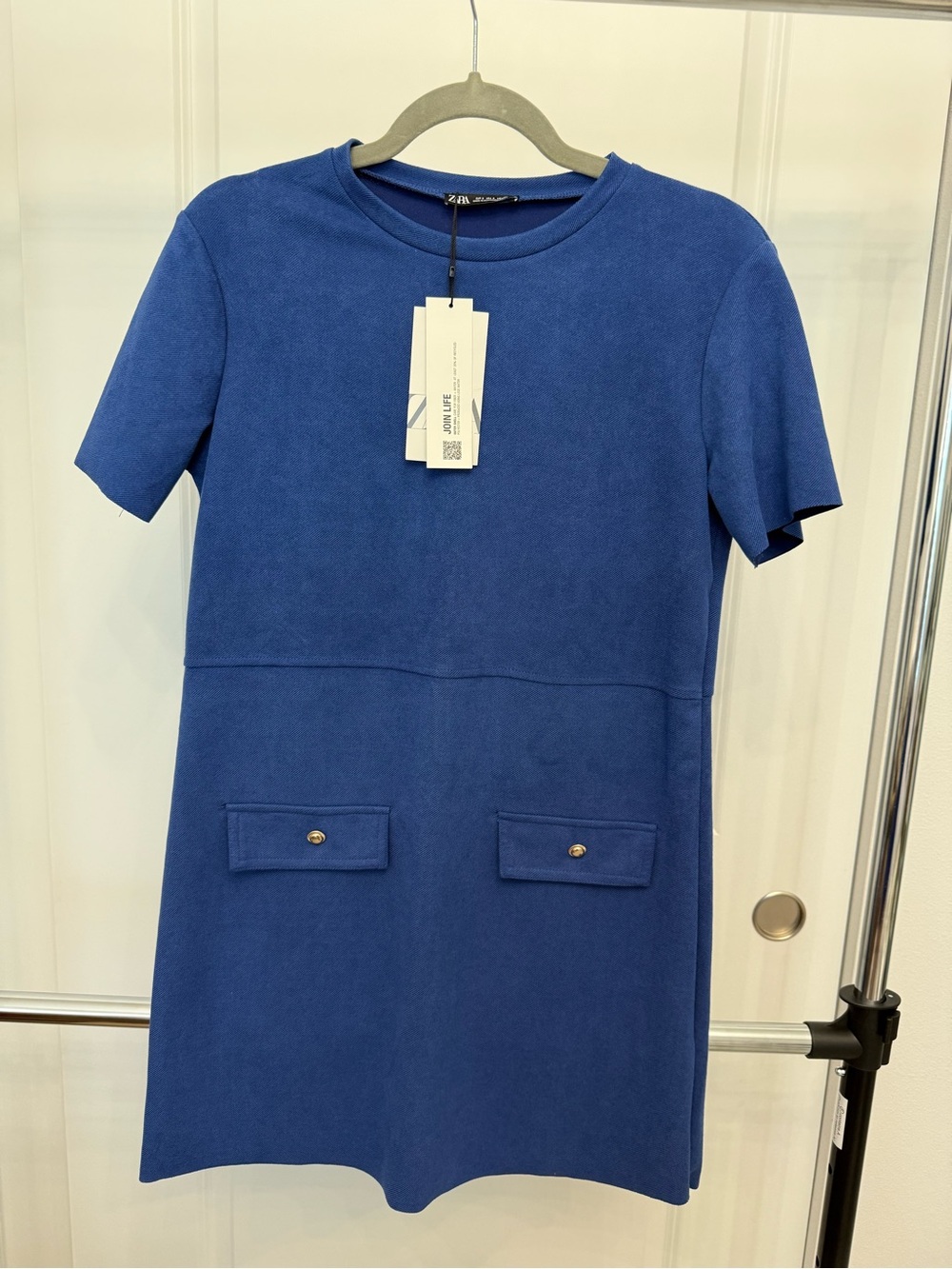 Zara Royal Blue Short Sleeve Shift Dress with Front Pockets